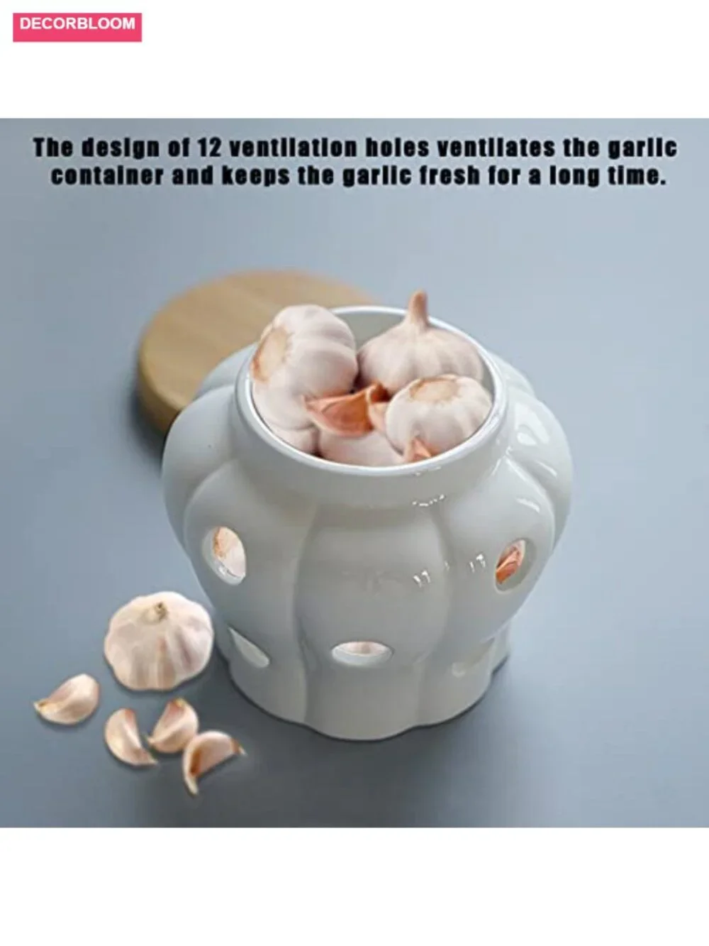 Ceramic Garlic Storage Container with Bamboo Lid - Ventilated Kitchen Canister